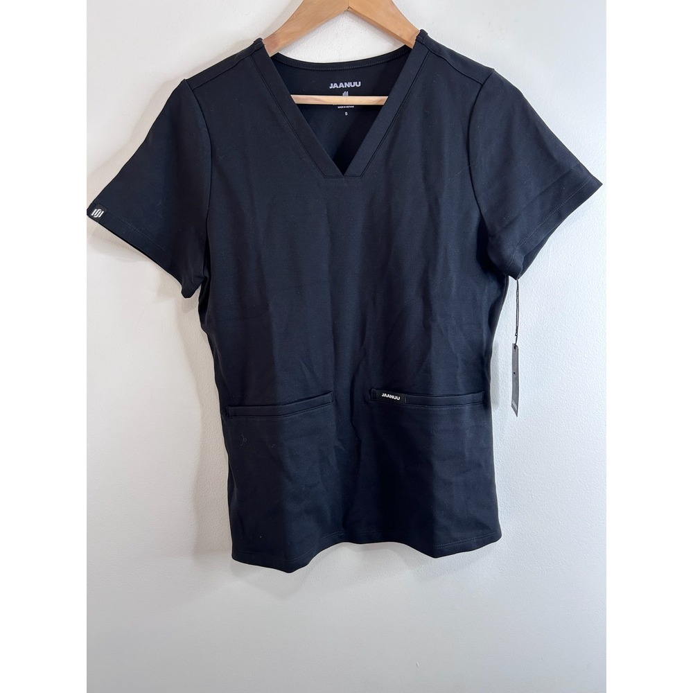 Jaanuu Cesi Slim Scrub Top Black‎ Ponte V-Neck Short Sleeve S Womens Small NWT